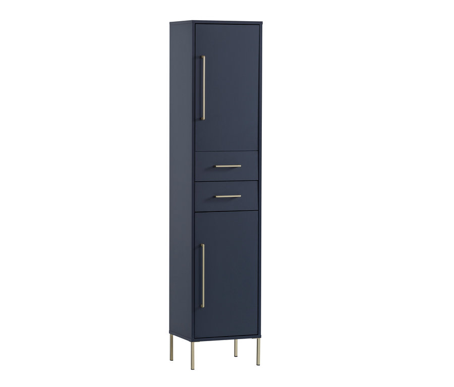 Hochschrank "Kent" in Nachtblau mit einer Tür, zwei Schubladen und goldenen Griffen und Füßen.