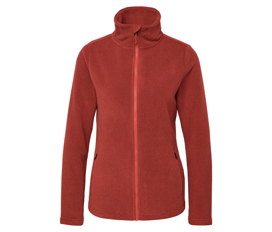Orangefarbene Fleecejacke mit Reißverschluss in der Mitte.