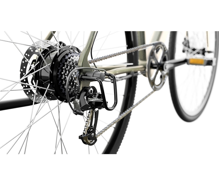 Detailaufnahme vom Hinterrad eines Fahrrads mit schwarzem Schaltwerk und silberner Kette.