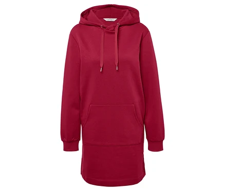 Roter Hoodie mit Kapuze und langen Ärmeln.