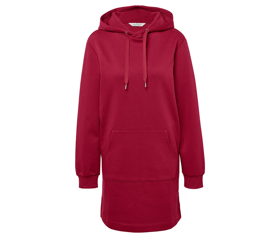 Roter Hoodie mit Kapuze und langen Ärmeln.