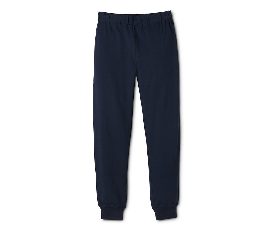 Eine dunkelblaue Pyjamahose auf weißem Hintergrund.