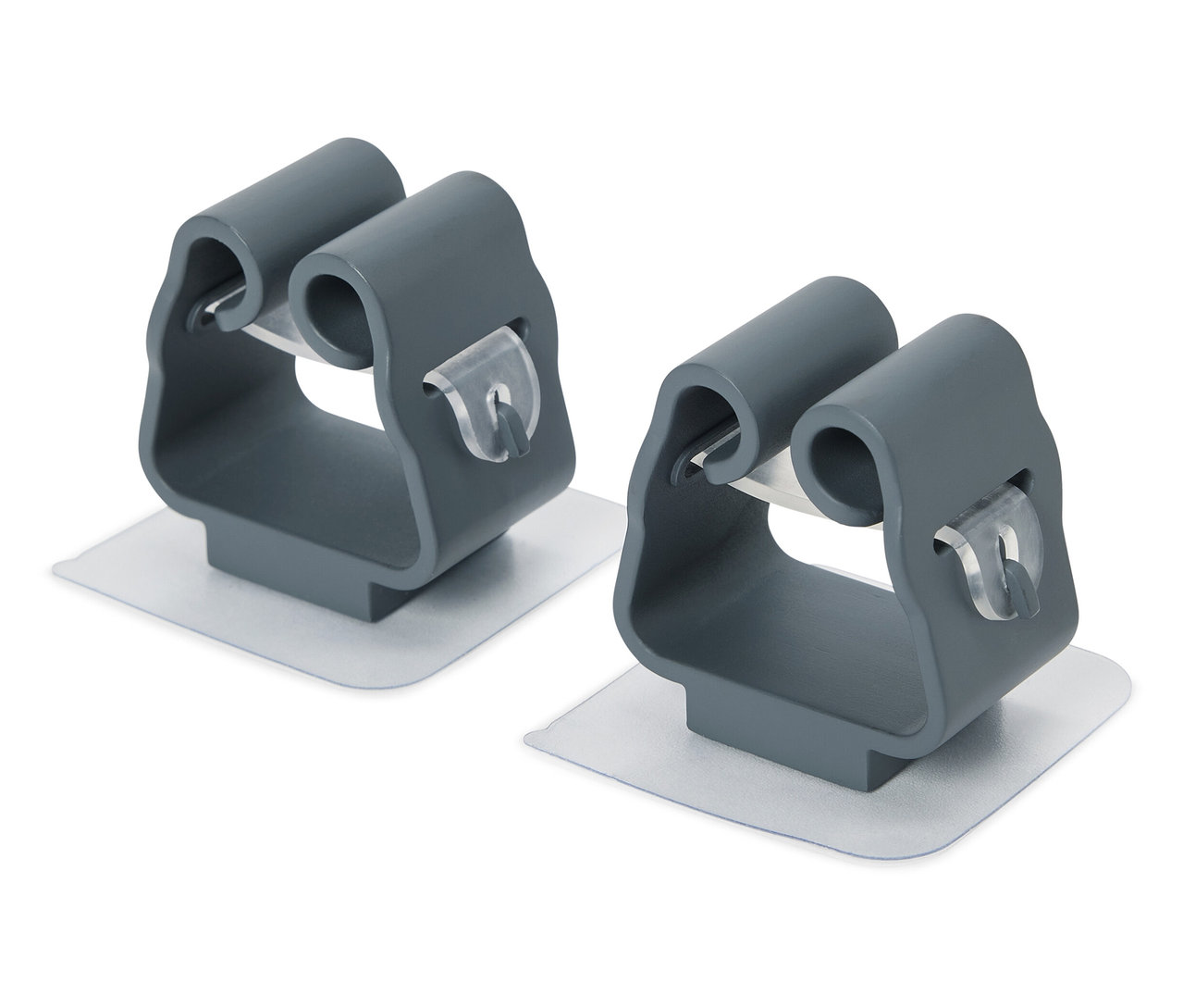 Zwei graue Mopphalter mit Klebepads.