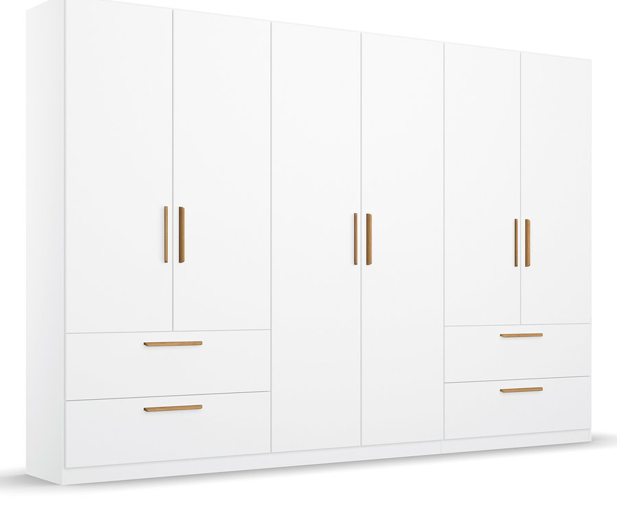 Weißer 6-türiger Drehtürenschrank »Skandi« mit Schubladen und senkrechten Griffen.