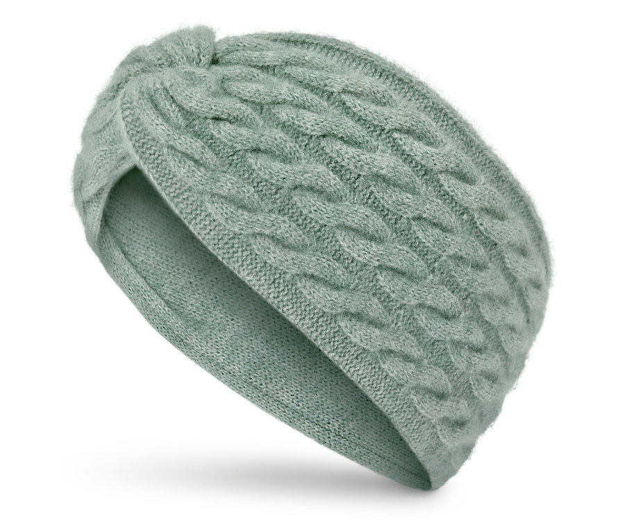 Hellgrünes, gestricktes Stirnband mit Knoten.