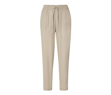 Sandfarbene Leinenhose mit Kordelzug in der Taille.