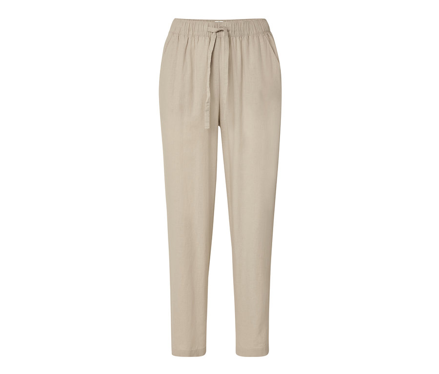 Sandfarbene Leinenhose mit Kordelzug in der Taille.