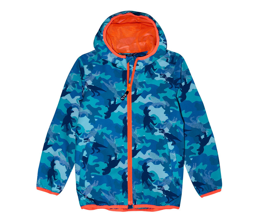 Blaue Jako-O Softshelljacke mit Tarnmuster und Dinosauriern.