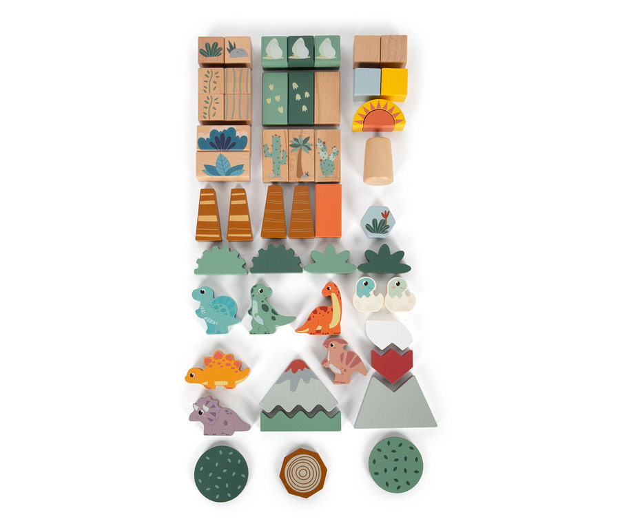Ein Set von Holzspielzeugen mit Dinosaurier-Motiven, einschließlich Blöcke, Tiere und Bäume. small foot Set Nachziehtier, Holzbausteine und Motorikschleife »Dino«.