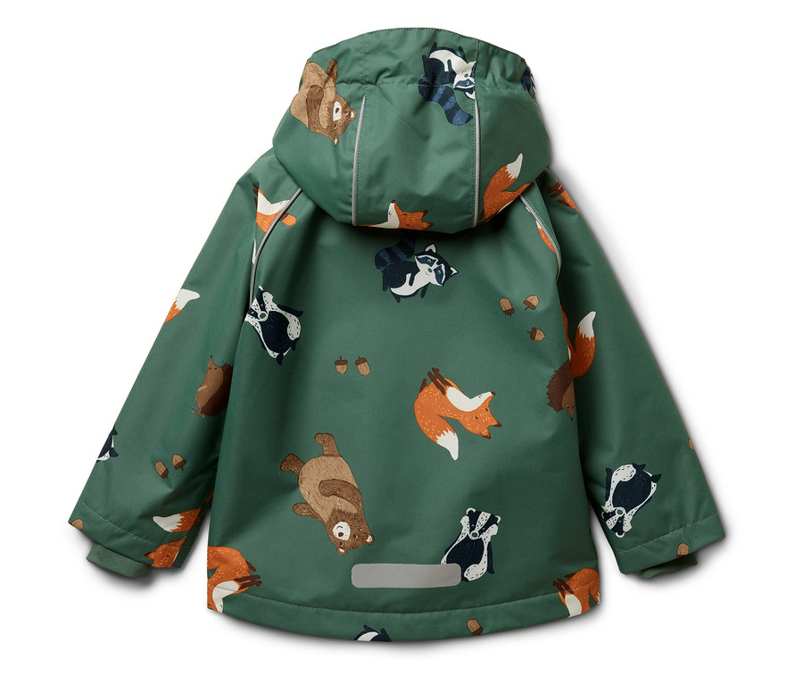 Grüne Jacke mit Kapuze und Tiermuster.