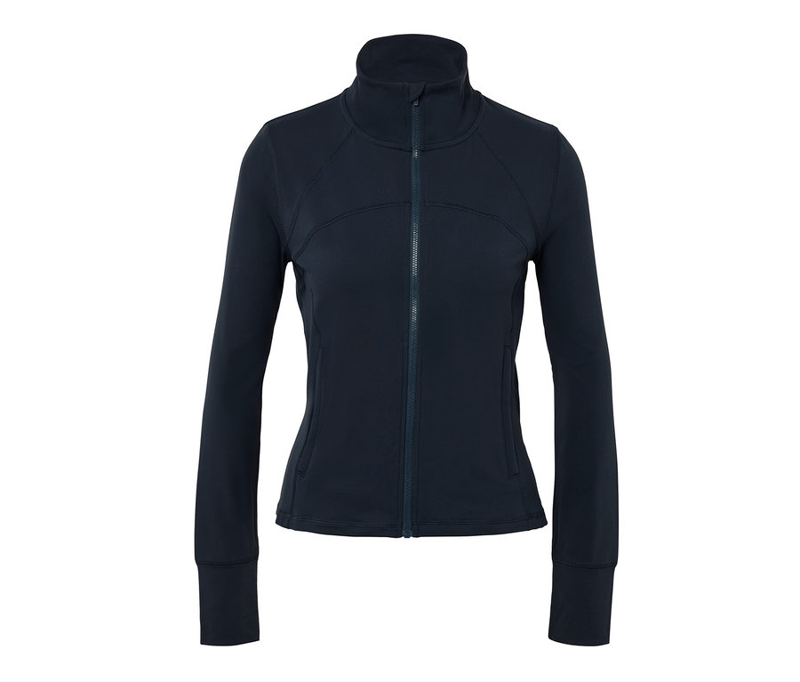 Marineblaue Funktionsjacke mit langen Ärmeln und Reißverschluss.