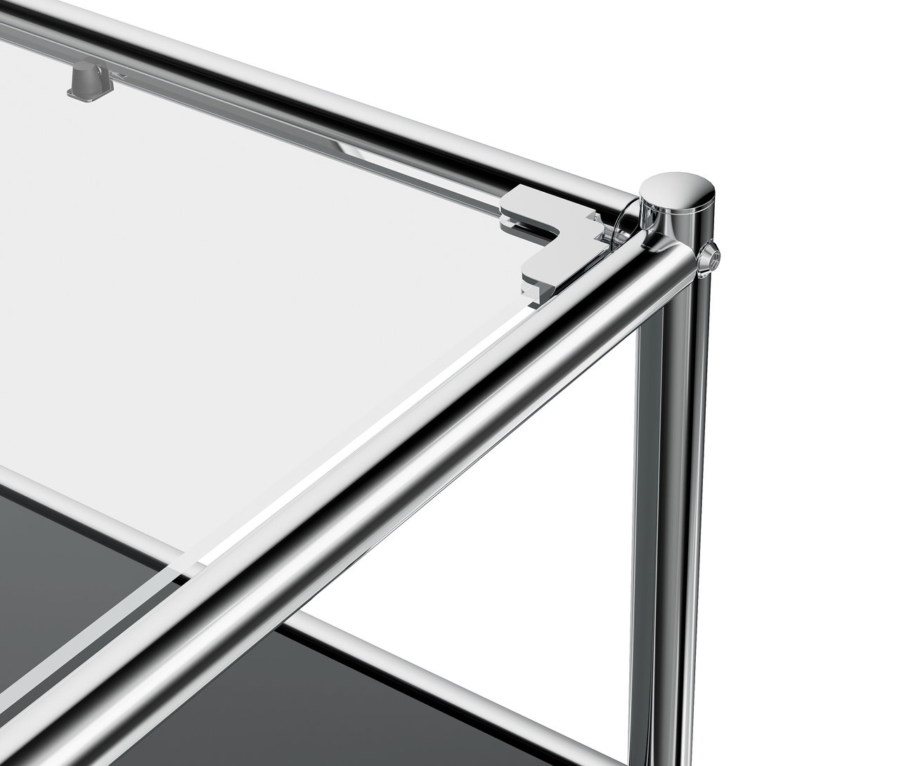 Detailansicht des grauen Lowboards Metall »CN3« mit Klappenfach und Glasplatte.