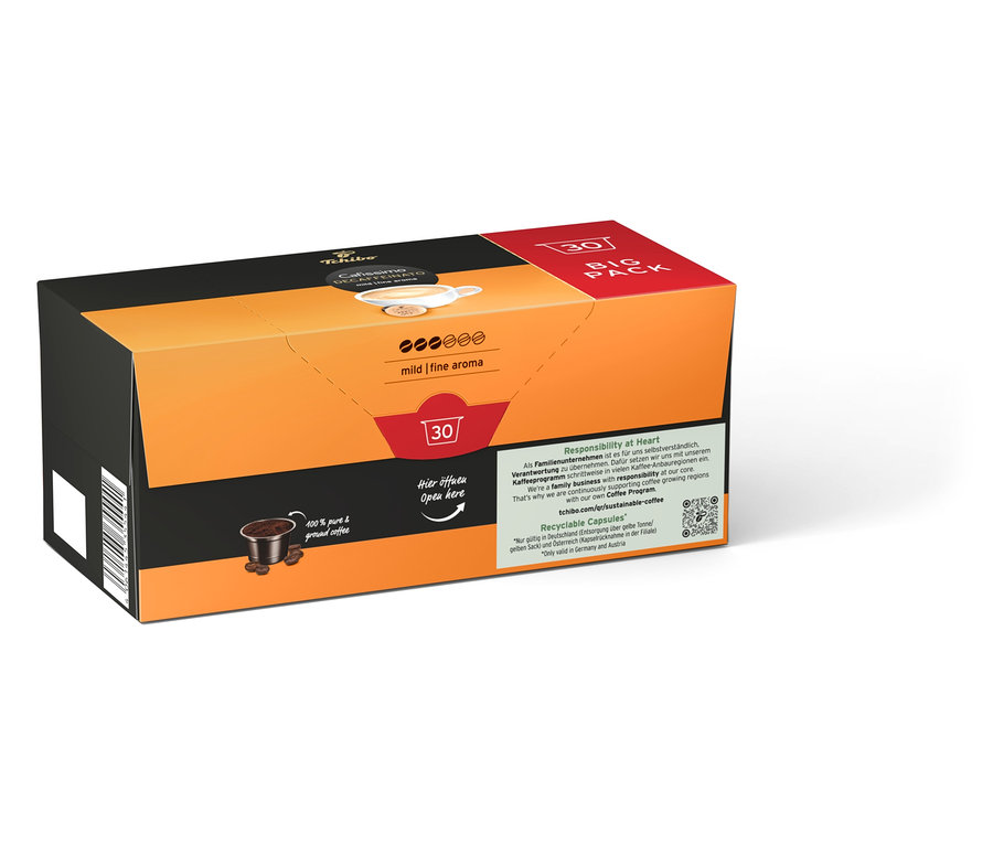 Eine Packung Cafissimo Caffè Crema vollmundig Kapseln in Orange und Schwarz.