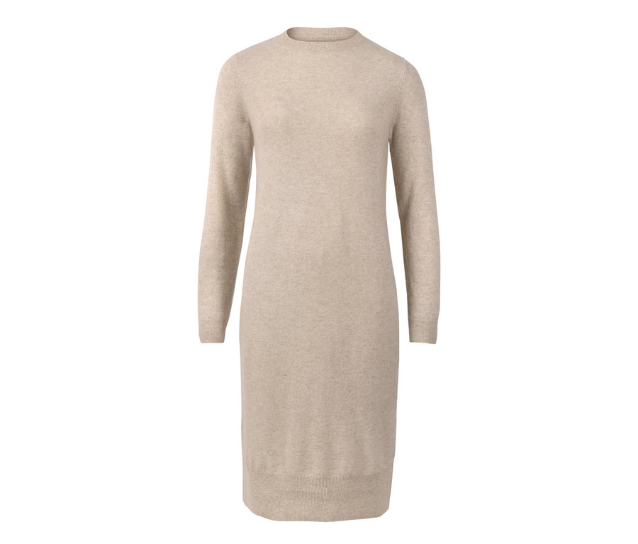 Ein beiges Cashmere-Strickkleid mit langen Ärmeln.