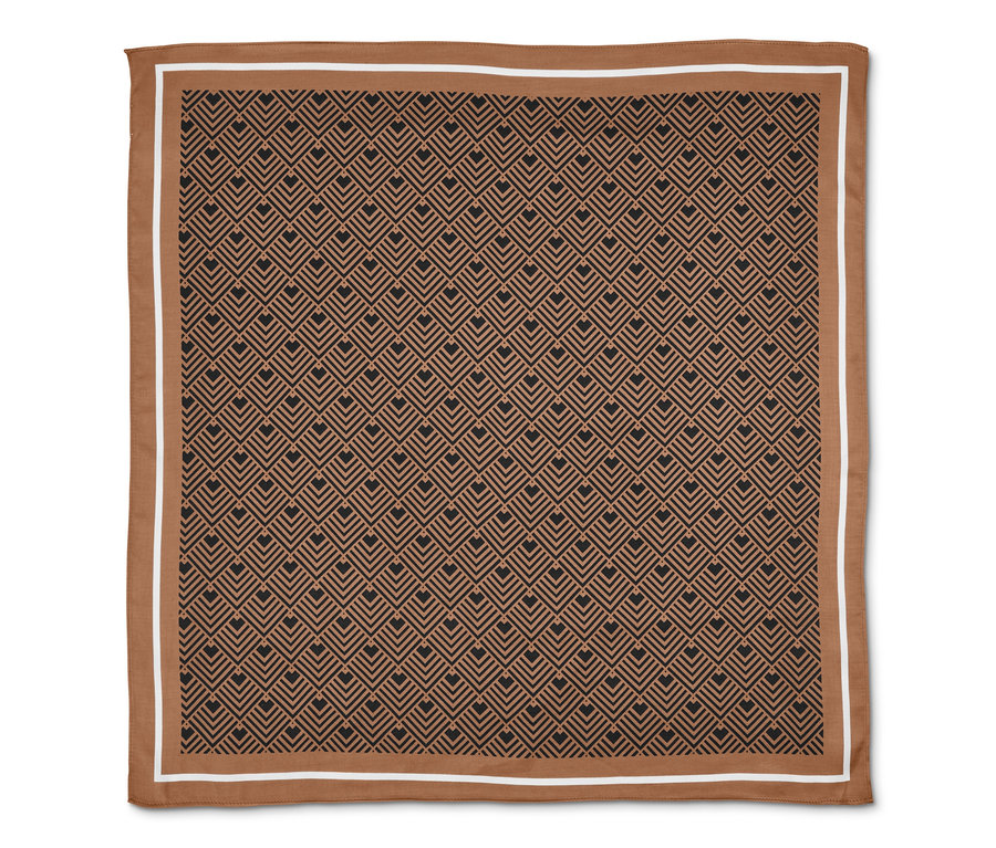 Ein Halstuch mit geometrischem Muster in Braun und einer weißen Umrandung.