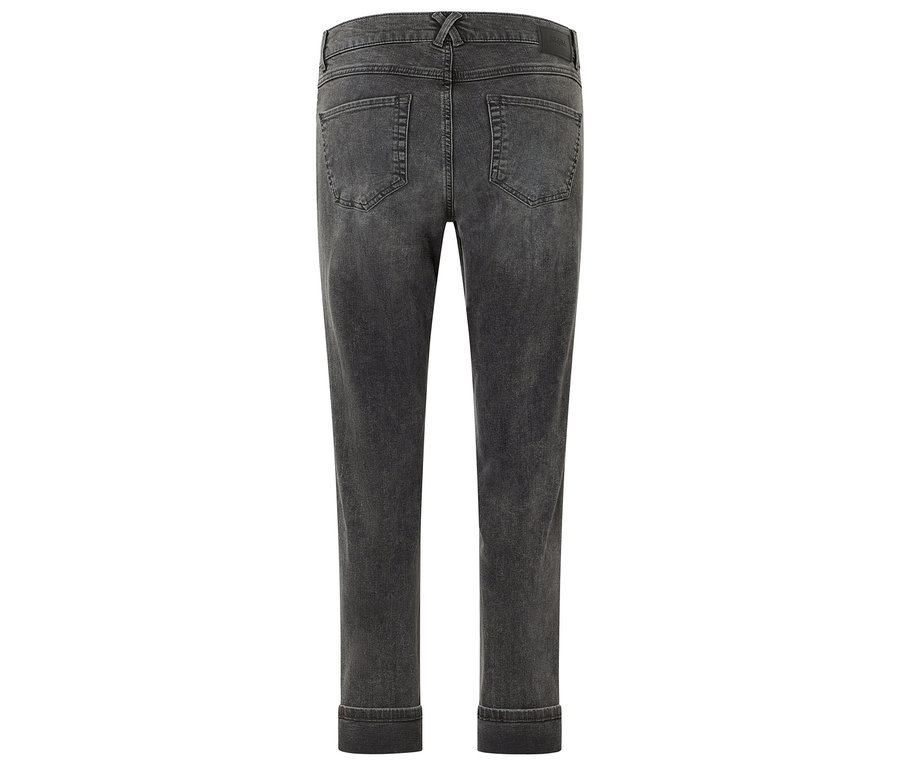 Detailansicht der Rückseite einer grauen Jeans.