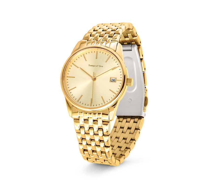 Nahaufnahme einer goldenen Damenuhr.