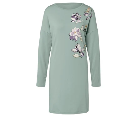Hellgrünes, langärmliges Kleid mit Blumenmuster.