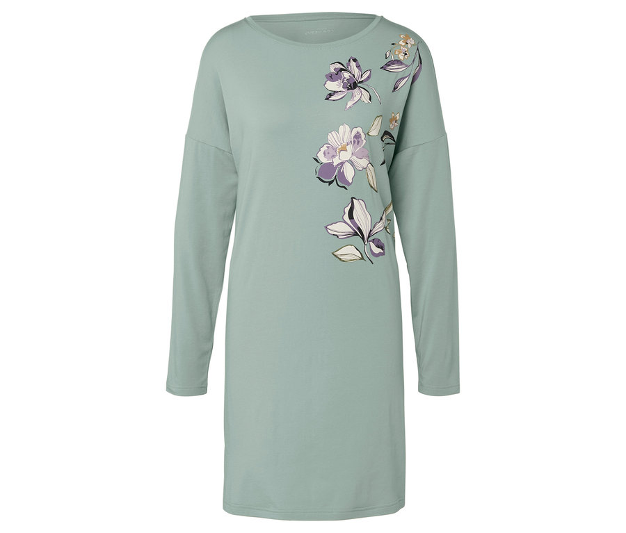 Hellgrünes, langärmliges Kleid mit Blumenmuster.