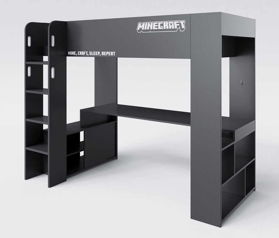 Ein roba Minecraft Gaming-Bett mit Schreibtisch und Stauraum in Anthrazit und Grau.