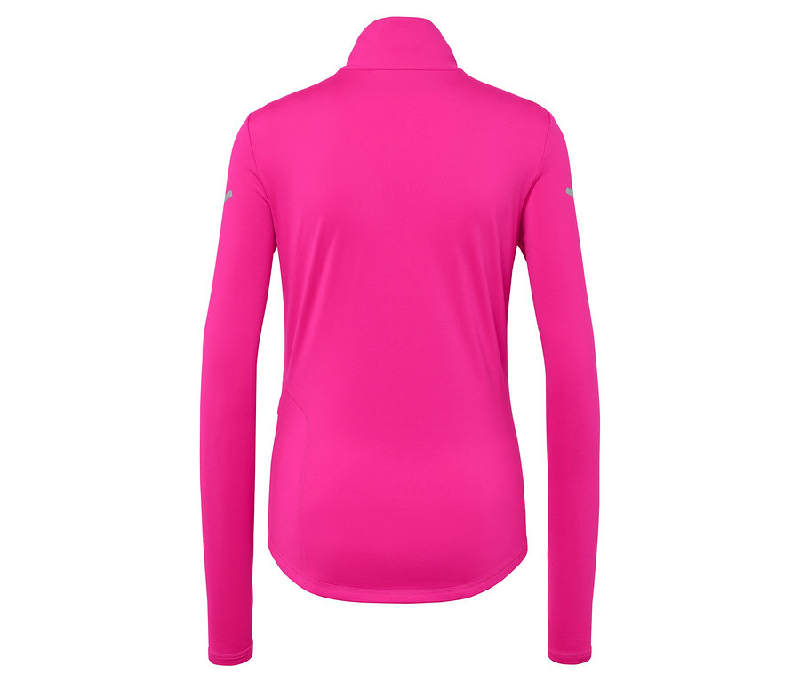 Rückansicht eines pinken Sportoberteils mit langen Ärmeln und Reißverschluss.