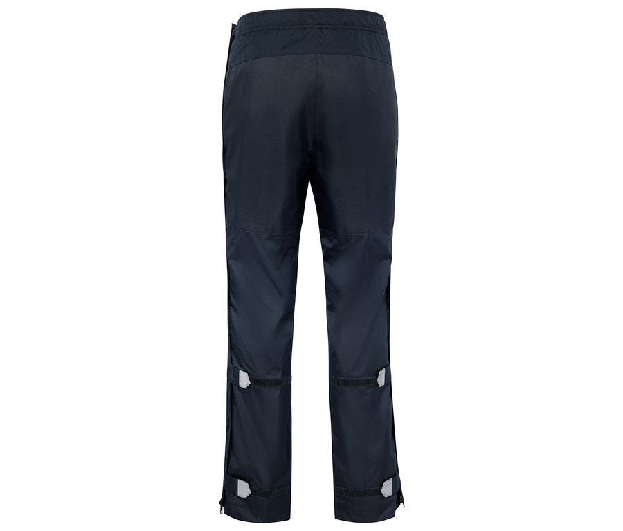 Dunkelblaue Regenhose mit reflektierenden Details und Reißverschlüssen an den Seiten.
