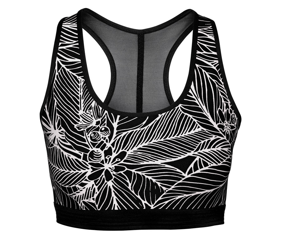 Schwarz-weißes Sport-Bustier mit Blättermuster.