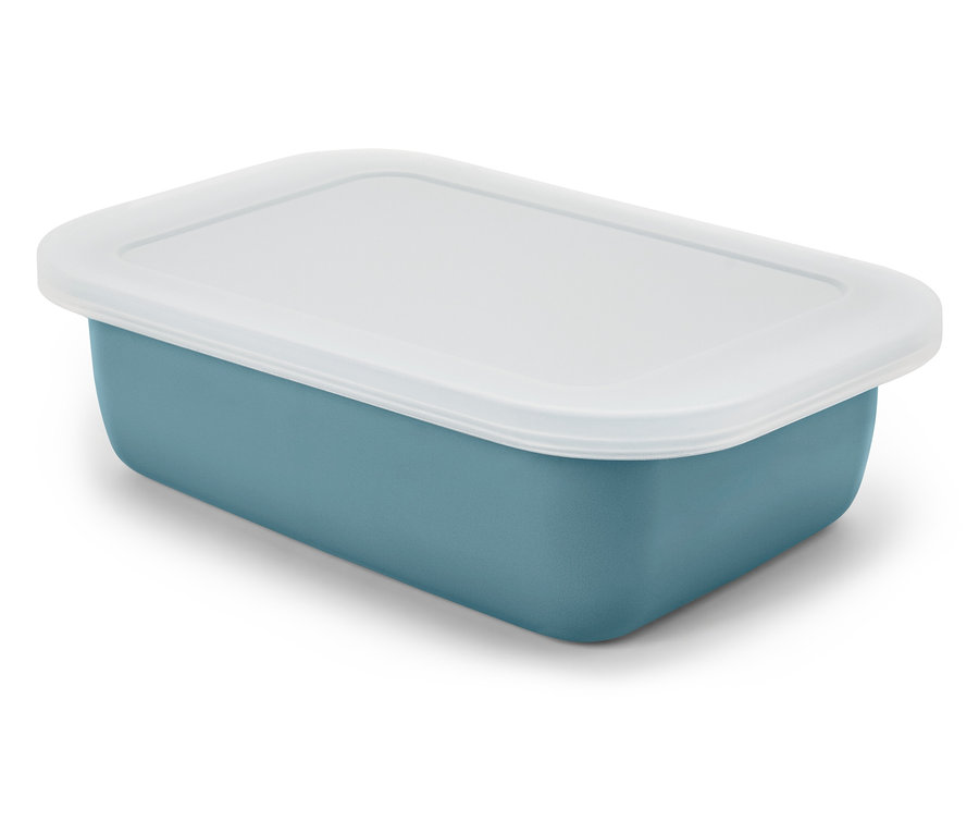 Eine blaue rechteckige Dose mit einem weißen Deckel.