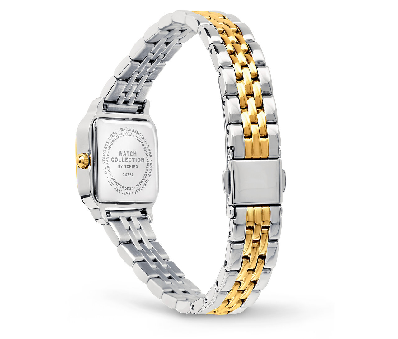 Detailaufnahme einer silber-goldenen Uhr mit einem Metallarmband und einem quadratischen Zifferblatt.
