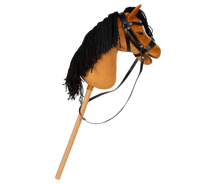 Nahaufnahme von small foot Hobby-Horse »Melodie« mit braunem Kopf, schwarzer Mähne und Zaumzeug auf einem Holzstab.