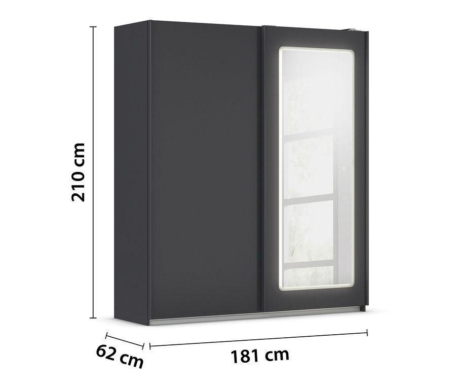 Ein zweitüriger Rauch Schwebetürenschrank »Abraxxas« mit dimmbarer Spiegelbeleuchtung in Grau Metallic.