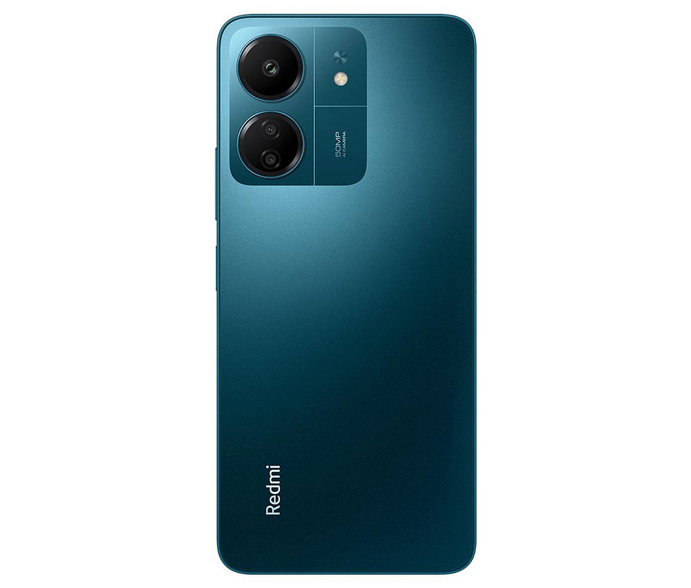Detailansicht der Rückseite eines marineblauen Xiaomi Redmi 13C 128 GB Mobiltelefons.