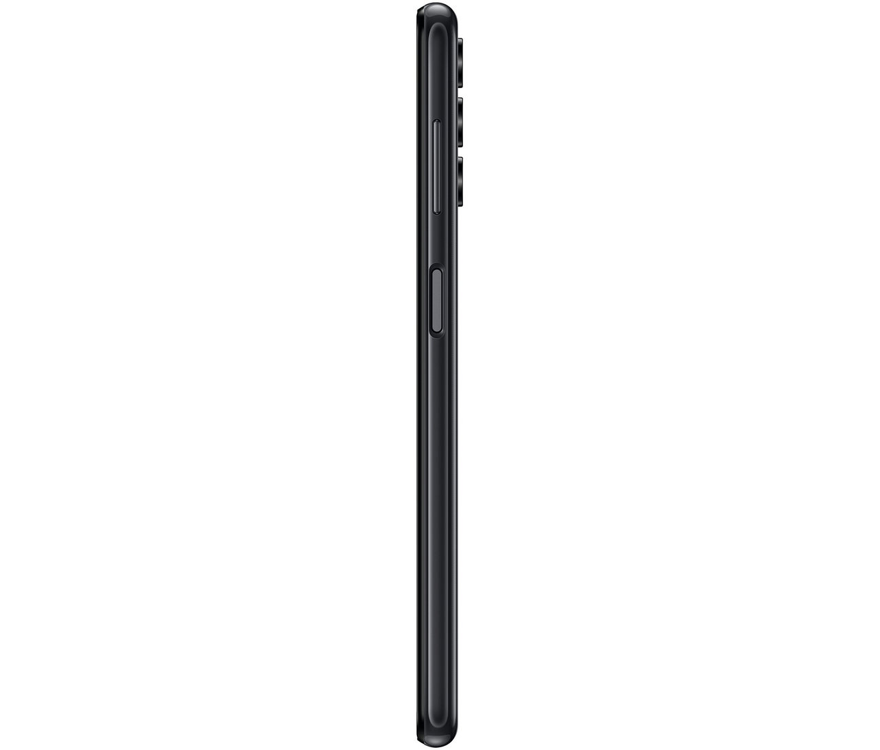 Seitenansicht eines schwarzen Mobiltelefons. Samsung Galaxy A04s 32GB schwarz.