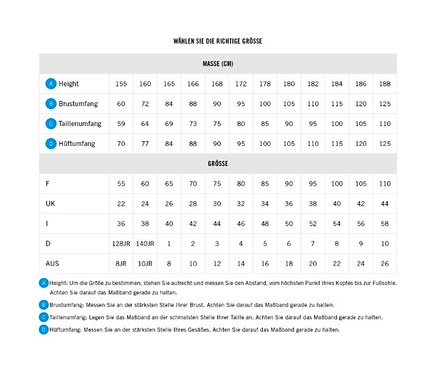 Eine Größentabelle mit Maßen in Zentimetern und entsprechenden Größen für verschiedene Länder.