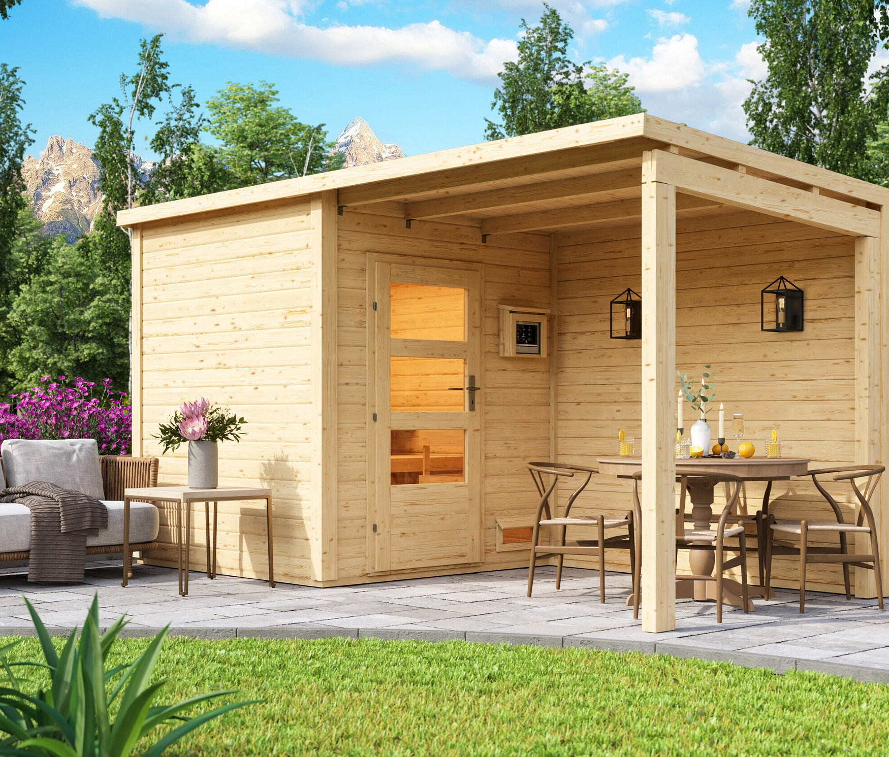 Außenansicht des Karibu Saunahaus-Sets »Rahlau A« mit 9 kW Bio-Ofen.