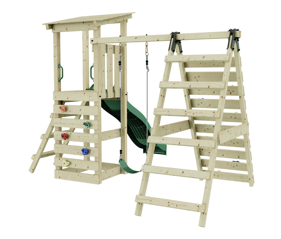 Ein Spielturm aus Holz mit Schaukel, Rutsche, Kletterwand und Leiter. Zu sehen ist der weka Spielturm »Sevilla«.