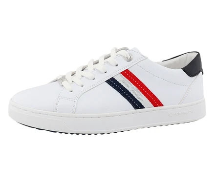 Weißer Sneaker mit marineblauem und rotem Streifen.