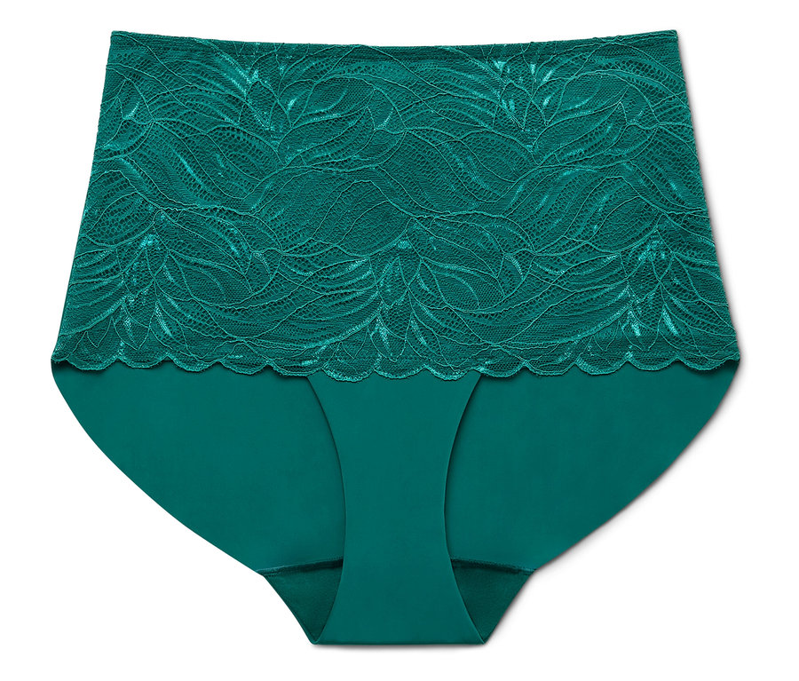 Grüne Damenunterhose mit Spitzenoberteil, isoliert auf weißem Hintergrund.
