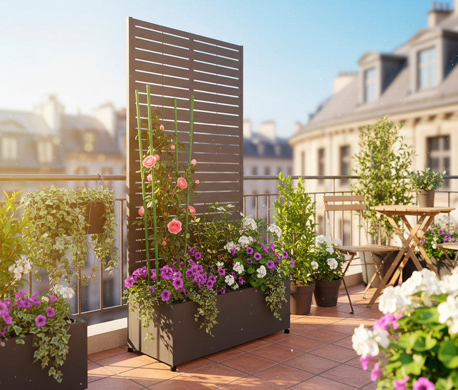 Auf einem Balkon steht ein Sichtschutz mit Pflanzkasten (90 x 184 x 42,5 cm), bepflanzt mit Blumen.