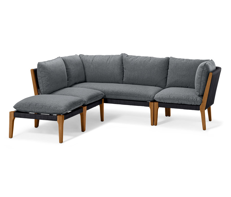 Graue Garten-Eckcouch mit Loungemöbel-Chaiselongue.