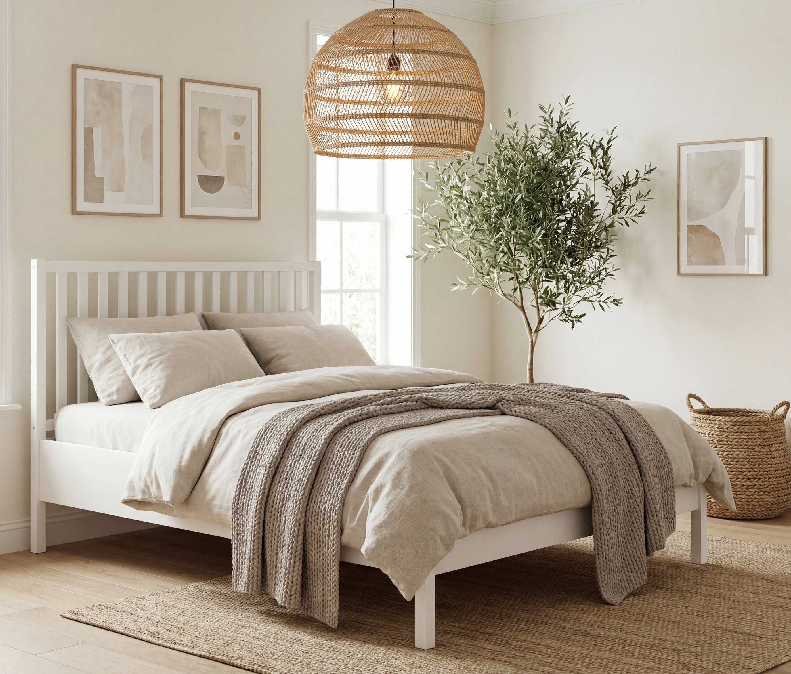 Schlafzimmer mit weißem Bett, beiger Bettwäsche und Überwurf. Über dem Bett hängen zwei Bilder, daneben steht ein Olivenbaum.