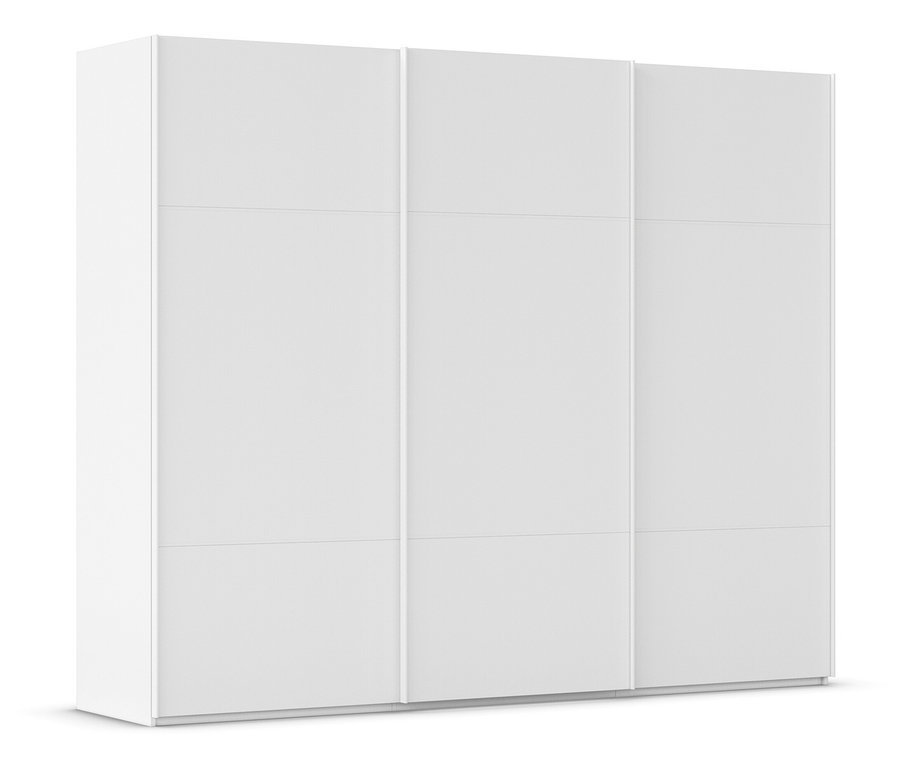 Weißer Schiebetürenschrank mit sechs Paneelen, drei oben und drei unten.