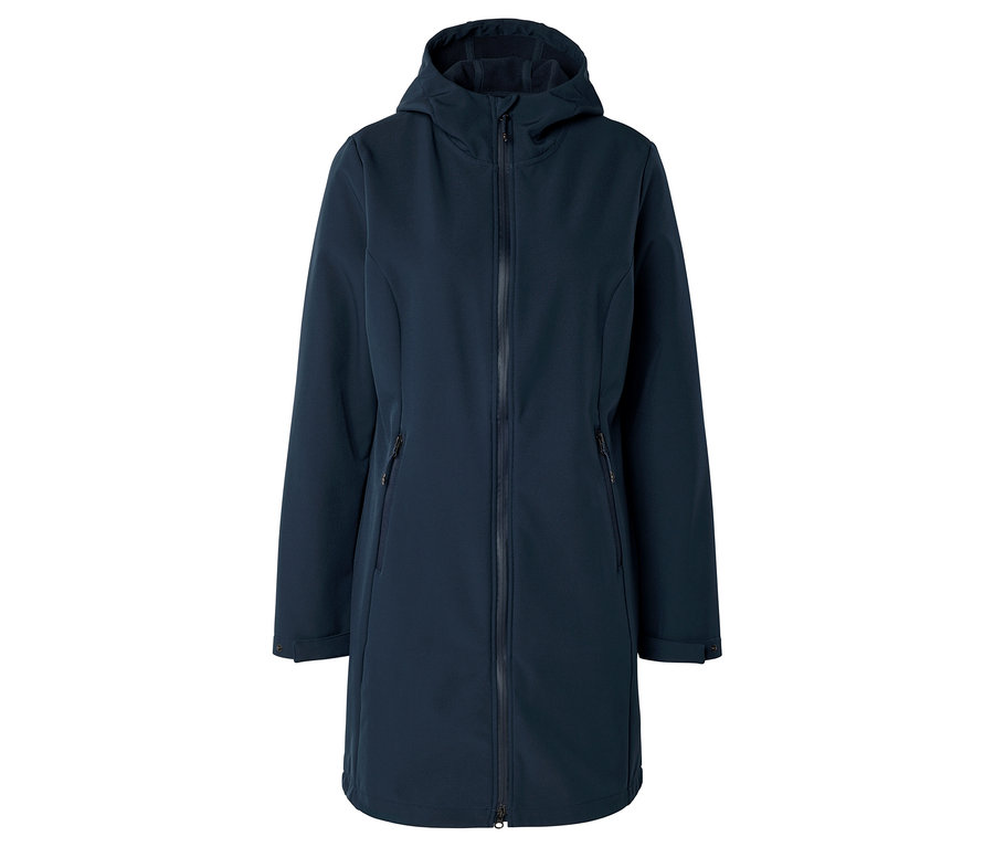 Marineblaue, lange Softshelljacke mit Kapuze und Reißverschluss vorne.