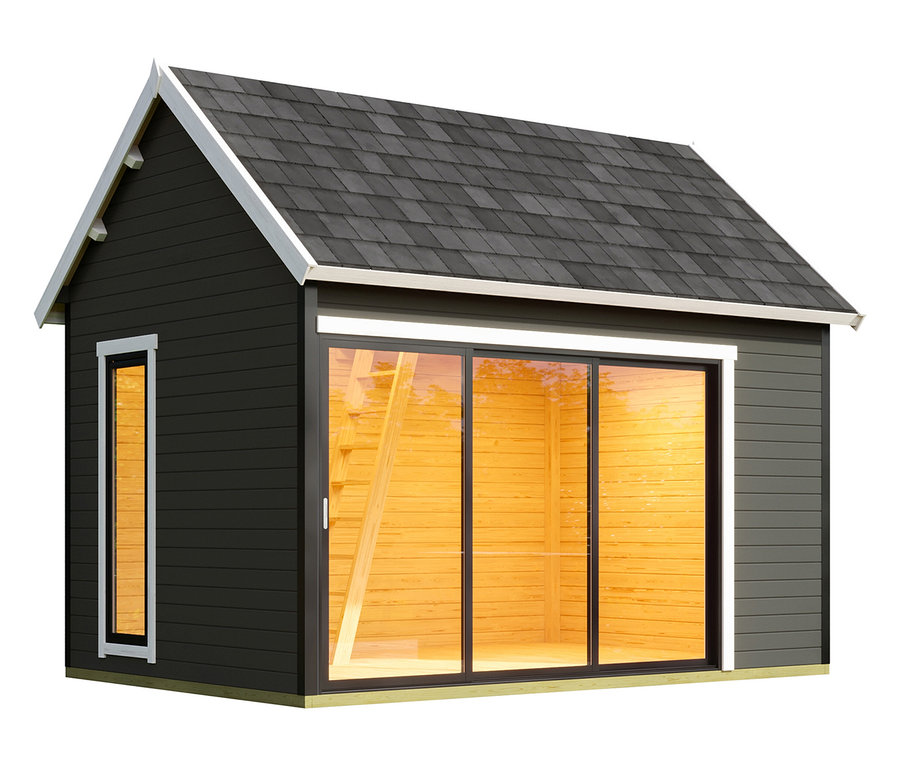 Außenansicht eines anthrazitfarbenen Weka Designhauses mit Schlafboden »M445A« und 44 cm Wandstärke.