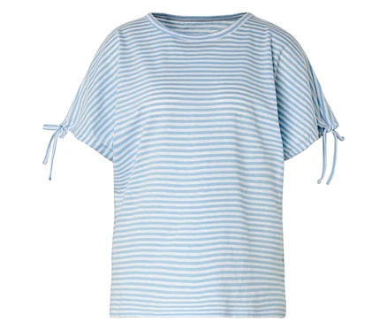 Gestreiftes, hellblau-weißes T-Shirt mit kurzen Ärmeln und Schleifendetails an den Ärmeln.