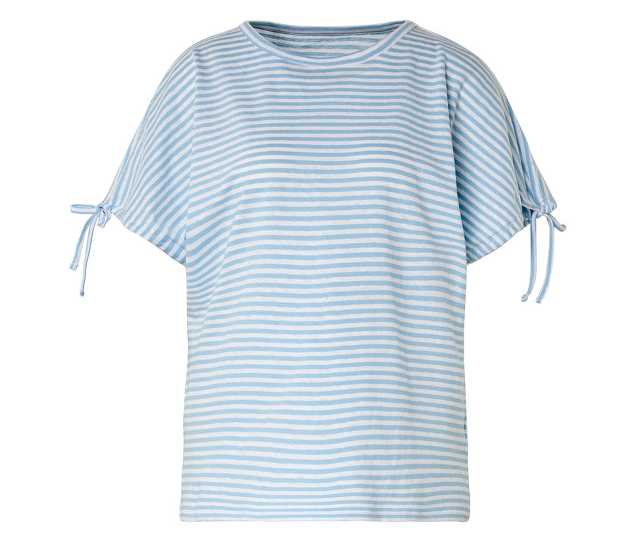 Gestreiftes, hellblau-weißes T-Shirt mit kurzen Ärmeln und Schleifendetails an den Ärmeln.