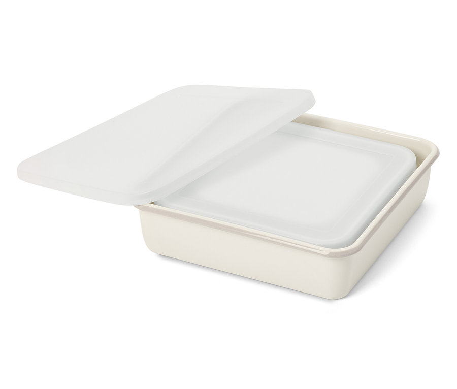 Beige, rechteckige Frischhaltedose mit halb geöffnetem, durchscheinendem Deckel.