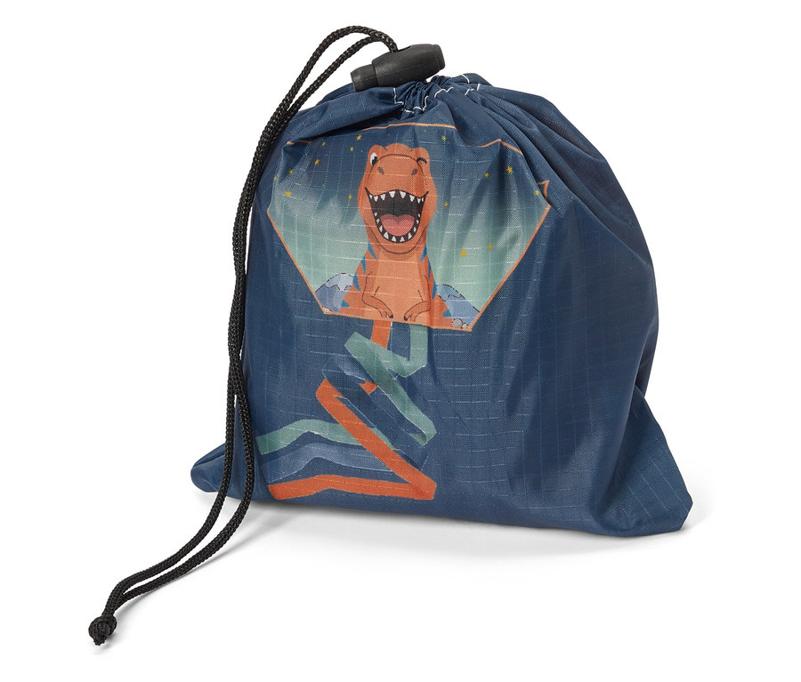 Blauer Turnbeutel mit Kordelzug und einem orangefarbenen Dinosaurier-Aufdruck mit offenem Maul.