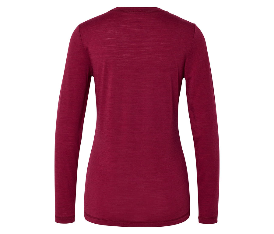 Rückansicht eines schlichten, dunkelroten Langarmshirts mit leicht strukturierter Oberfläche.