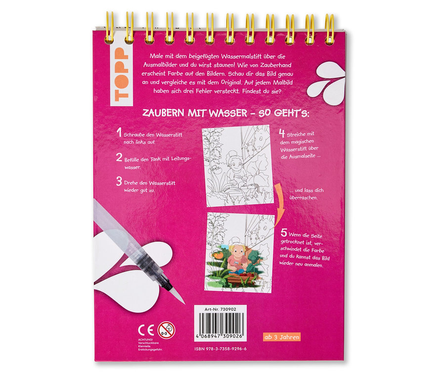 Malbuch mit beigelegtem Wasserstift und Anleitung zum Malen mit Wasser.